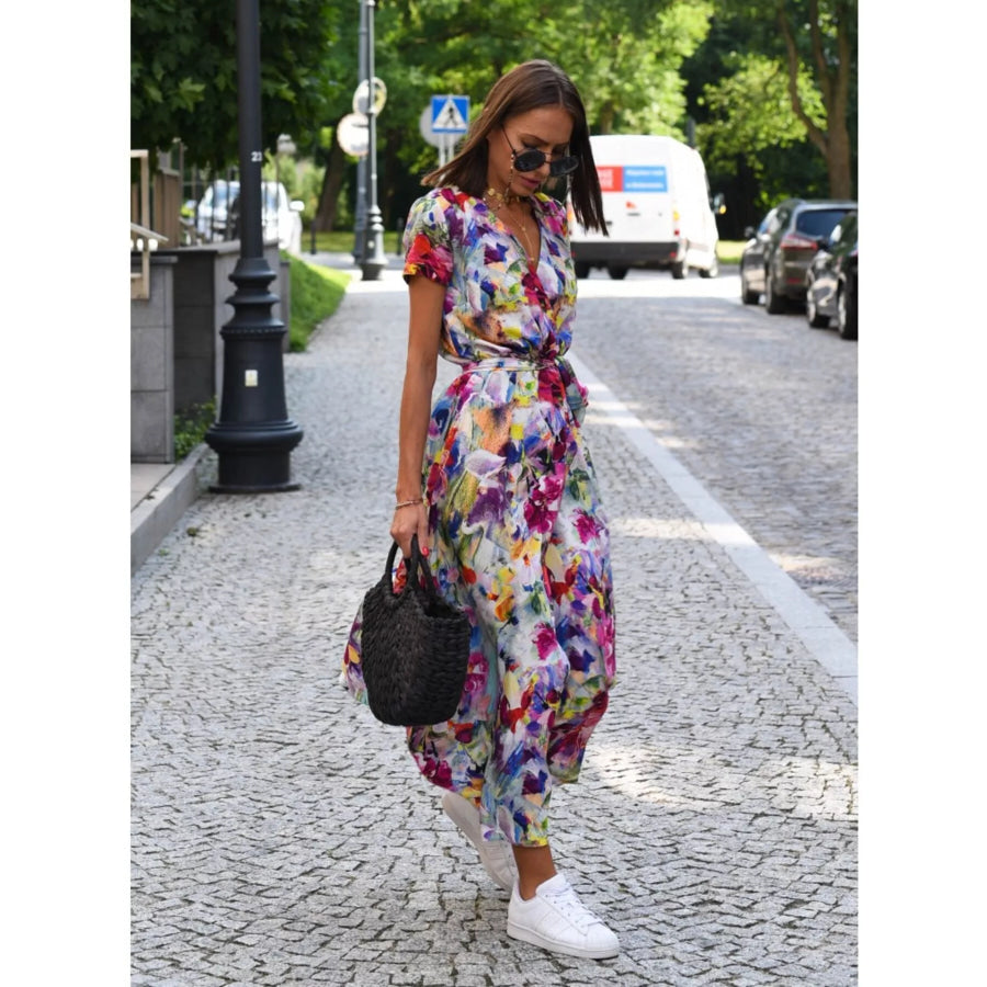 Surplice Short Sleeve Midi Dress Apparel and Accessories