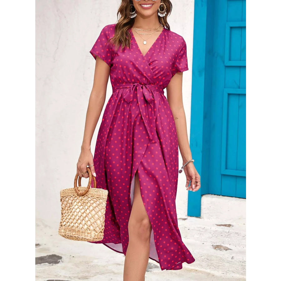Surplice Short Sleeve Midi Dress Apparel and Accessories