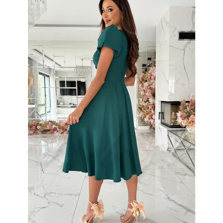 Surplice Short Sleeve Midi Dress Apparel and Accessories
