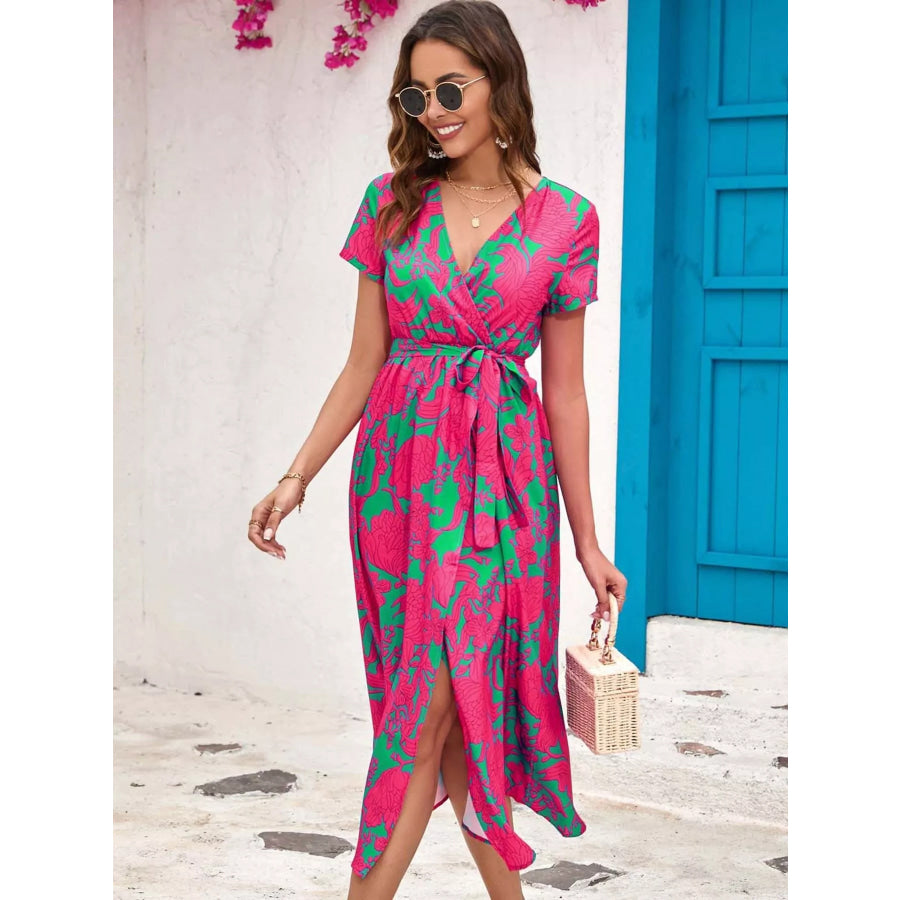 Surplice Short Sleeve Midi Dress Apparel and Accessories