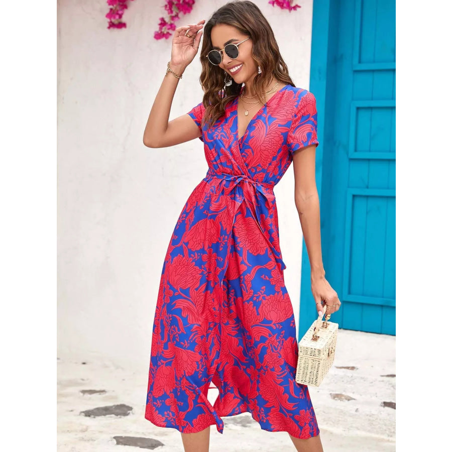 Surplice Short Sleeve Midi Dress Apparel and Accessories