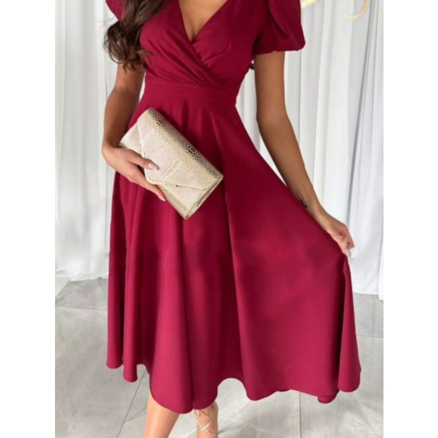 Surplice Short Sleeve Midi Dress Apparel and Accessories