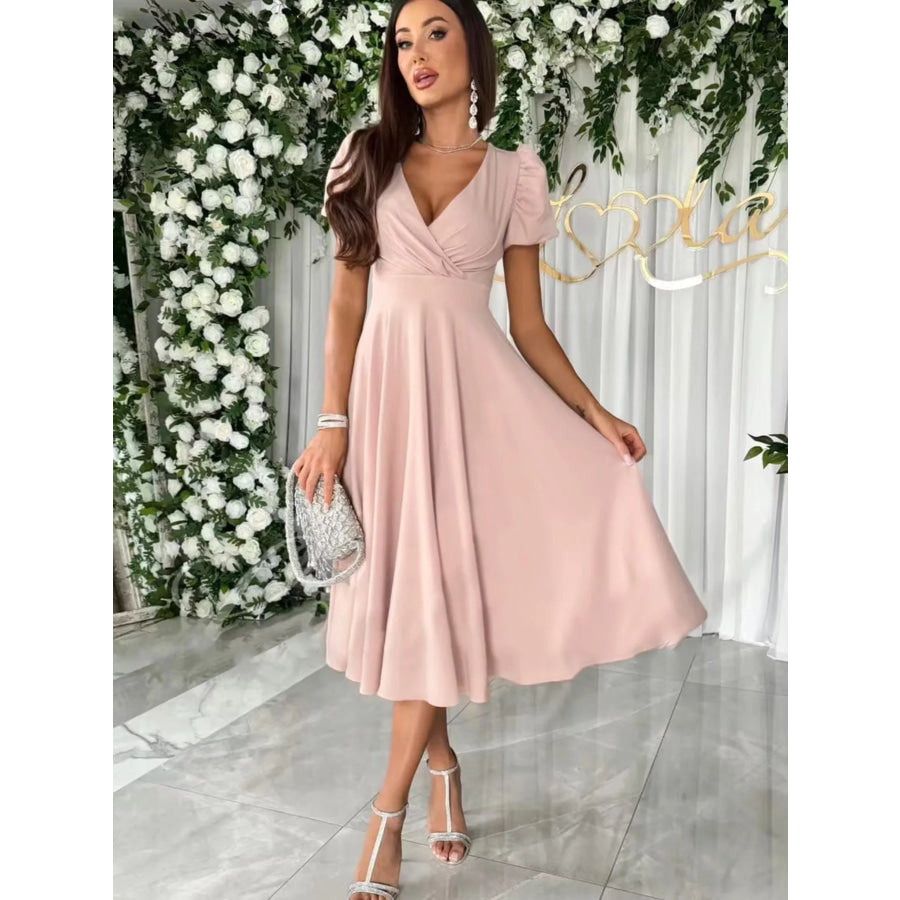 Surplice Short Sleeve Midi Dress Apricot Pink / S Apparel and Accessories