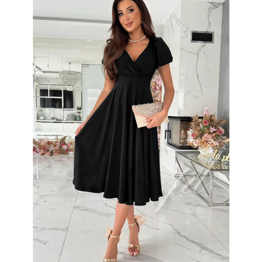 Surplice Short Sleeve Midi Dress Black / S Apparel and Accessories