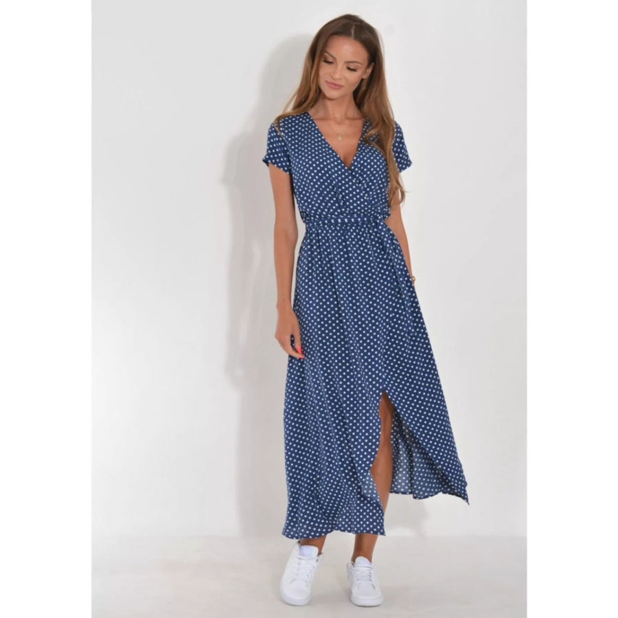 Surplice Short Sleeve Midi Dress Blue Dot / S Apparel and Accessories