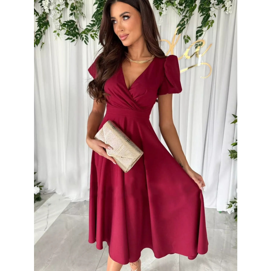 Surplice Short Sleeve Midi Dress Burgundy / S Apparel and Accessories