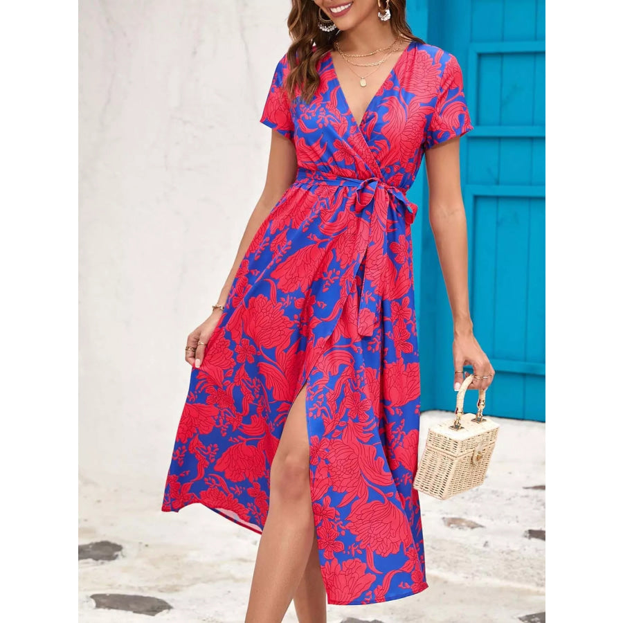 Surplice Short Sleeve Midi Dress Deep Red / S Apparel and Accessories