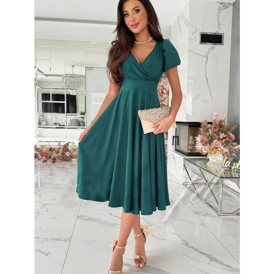 Surplice Short Sleeve Midi Dress Green / S Apparel and Accessories