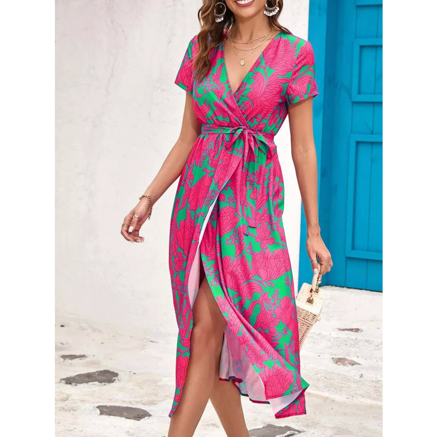Surplice Short Sleeve Midi Dress Hot Pink / S Apparel and Accessories