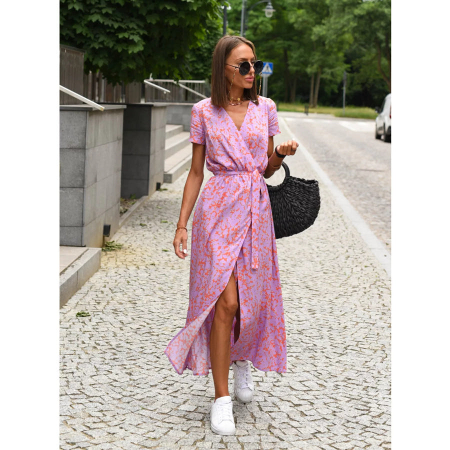 Surplice Short Sleeve Midi Dress Moonlit Mauve / S Apparel and Accessories