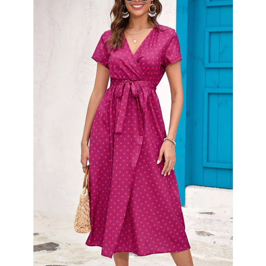 Surplice Short Sleeve Midi Dress Red Dot / S Apparel and Accessories