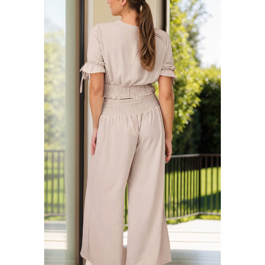 Surplice Short Sleeve Top and Pants Set Apparel and Accessories