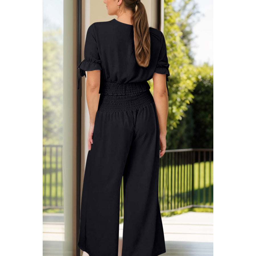 Surplice Short Sleeve Top and Pants Set Apparel and Accessories