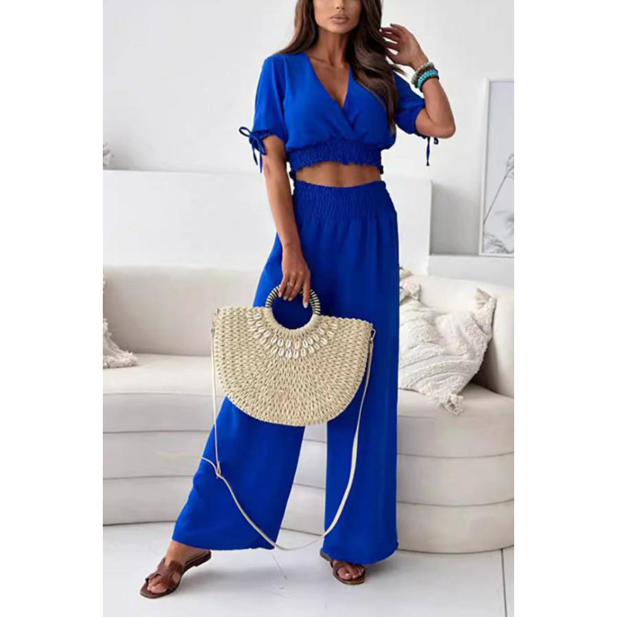 Surplice Short Sleeve Top and Pants Set Royal Blue / S Apparel and Accessories