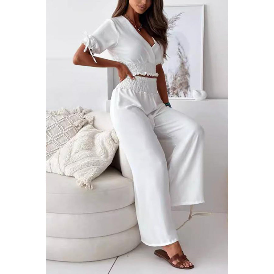 Surplice Short Sleeve Top and Pants Set White / S Apparel and Accessories