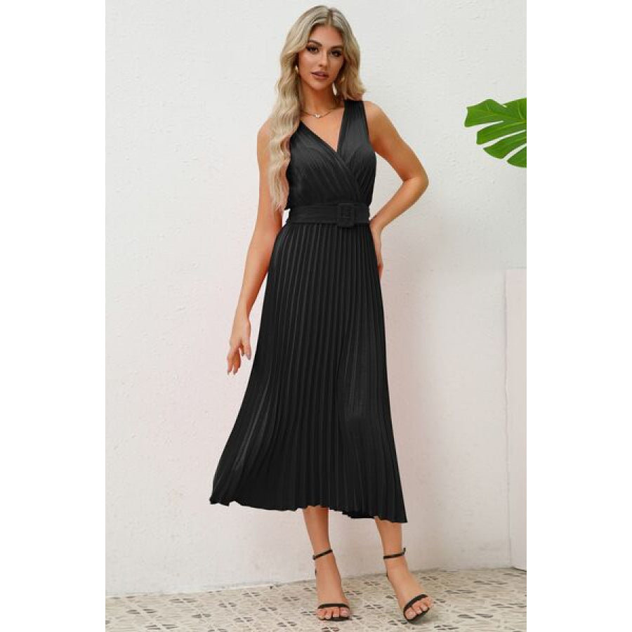 Surplice Sleeveless Midi Pleated Dress Apparel and Accessories