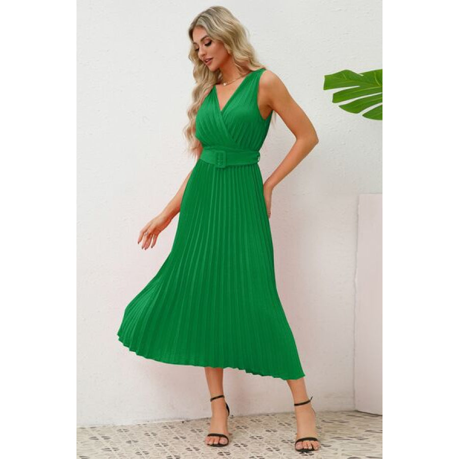 Surplice Sleeveless Midi Pleated Dress Apparel and Accessories