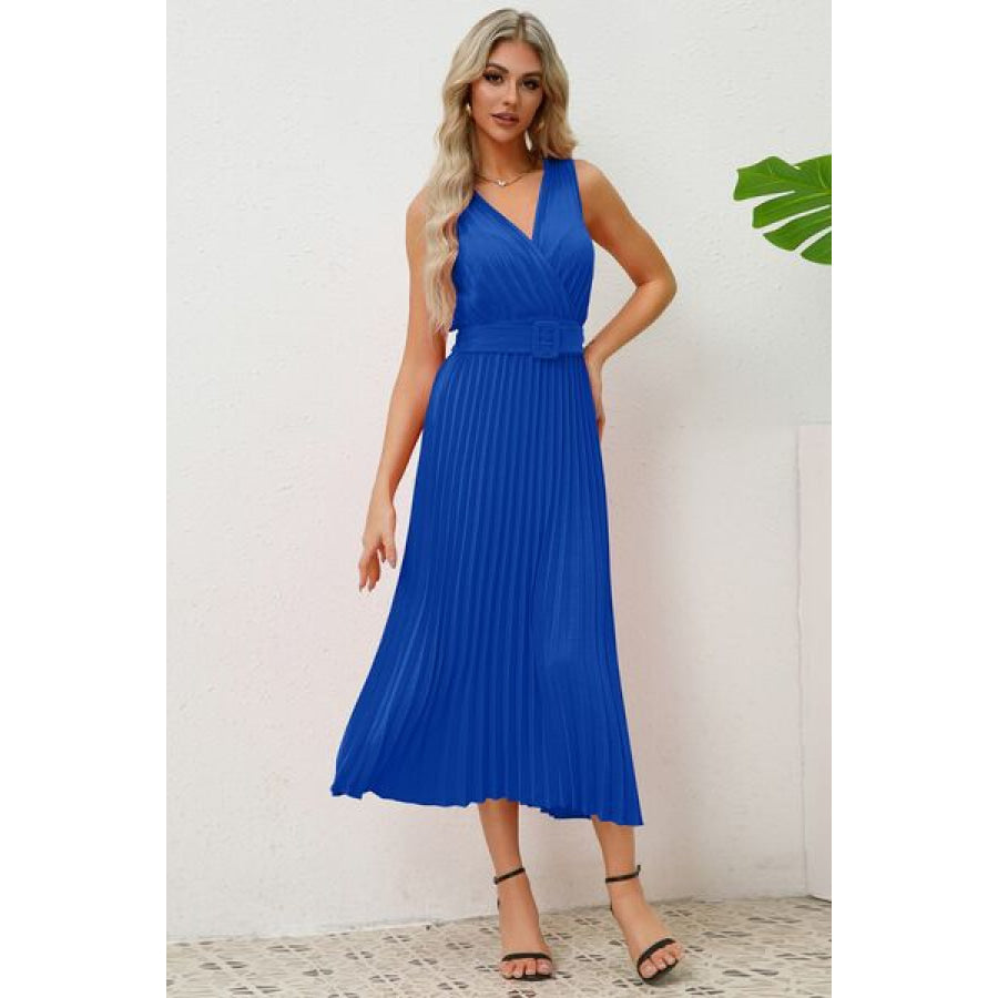 Surplice Sleeveless Midi Pleated Dress Apparel and Accessories