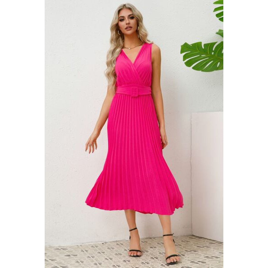 Surplice Sleeveless Midi Pleated Dress Apparel and Accessories