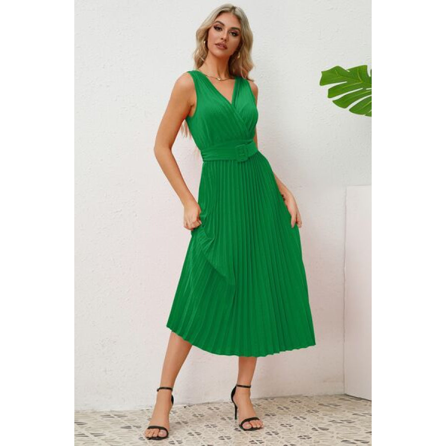 Surplice Sleeveless Midi Pleated Dress Apparel and Accessories