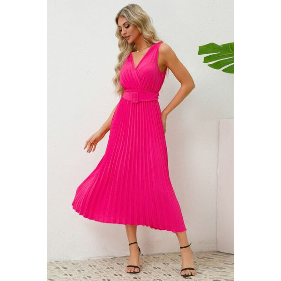 Surplice Sleeveless Midi Pleated Dress Apparel and Accessories