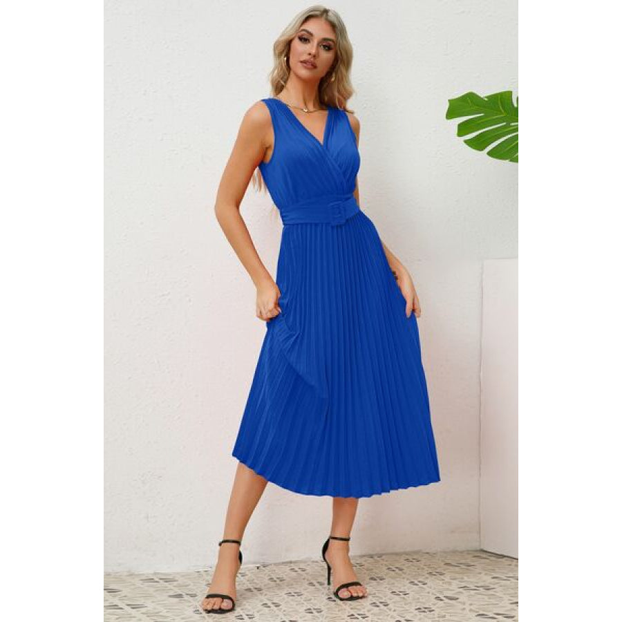 Surplice Sleeveless Midi Pleated Dress Apparel and Accessories