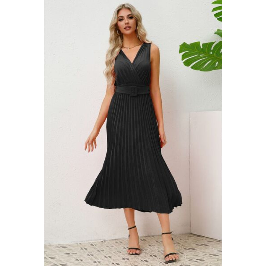 Surplice Sleeveless Midi Pleated Dress Apparel and Accessories