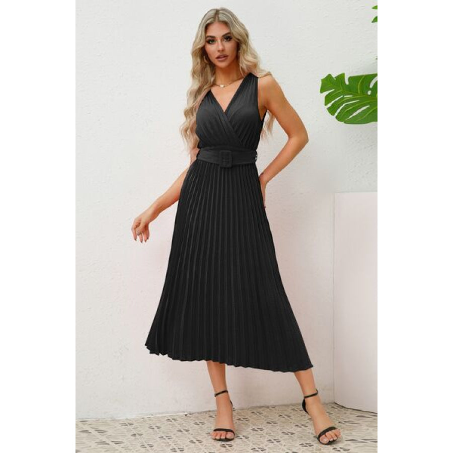 Surplice Sleeveless Midi Pleated Dress Black / S Apparel and Accessories