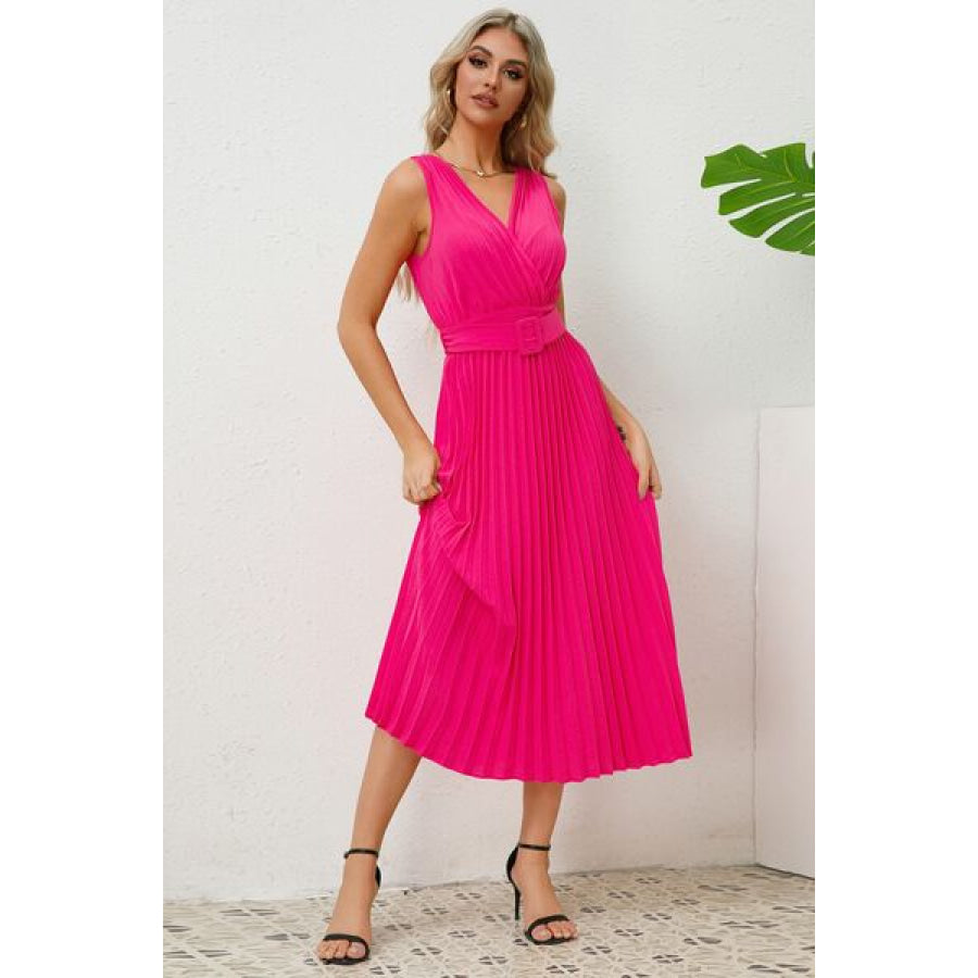 Surplice Sleeveless Midi Pleated Dress Hot Pink / S Apparel and Accessories