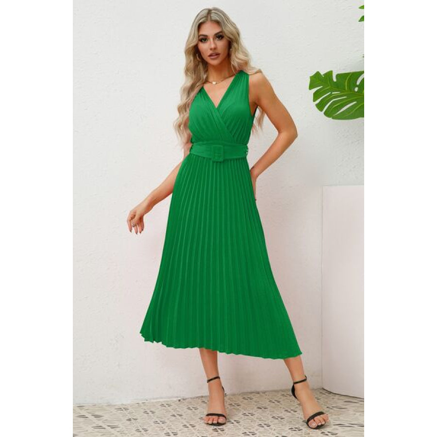 Surplice Sleeveless Midi Pleated Dress Mid Green / S Apparel and Accessories