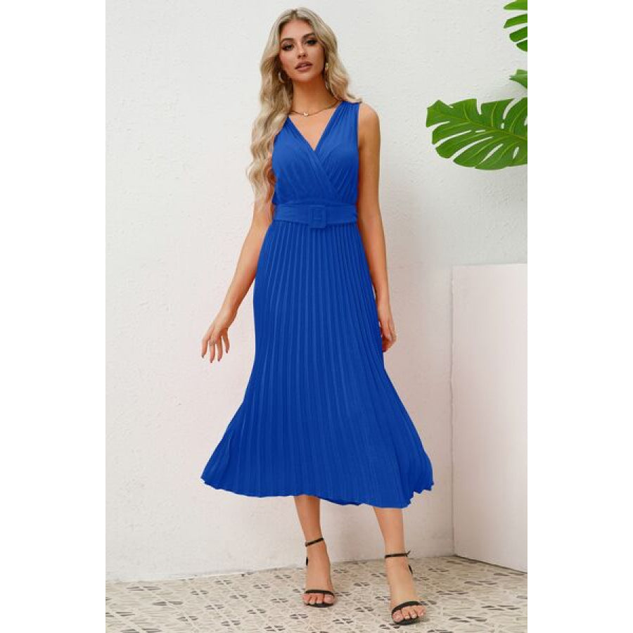 Surplice Sleeveless Midi Pleated Dress Royal Blue / S Apparel and Accessories