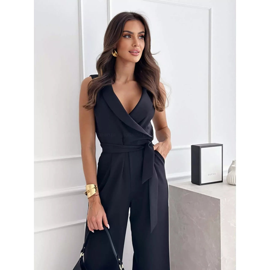 Surplice Sleeveless Wide-Leg Jumpsuit Black / S Apparel and Accessories