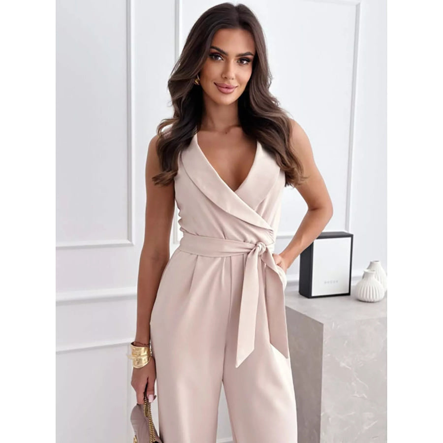 Surplice Sleeveless Wide-Leg Jumpsuit Dust Storm / S Apparel and Accessories