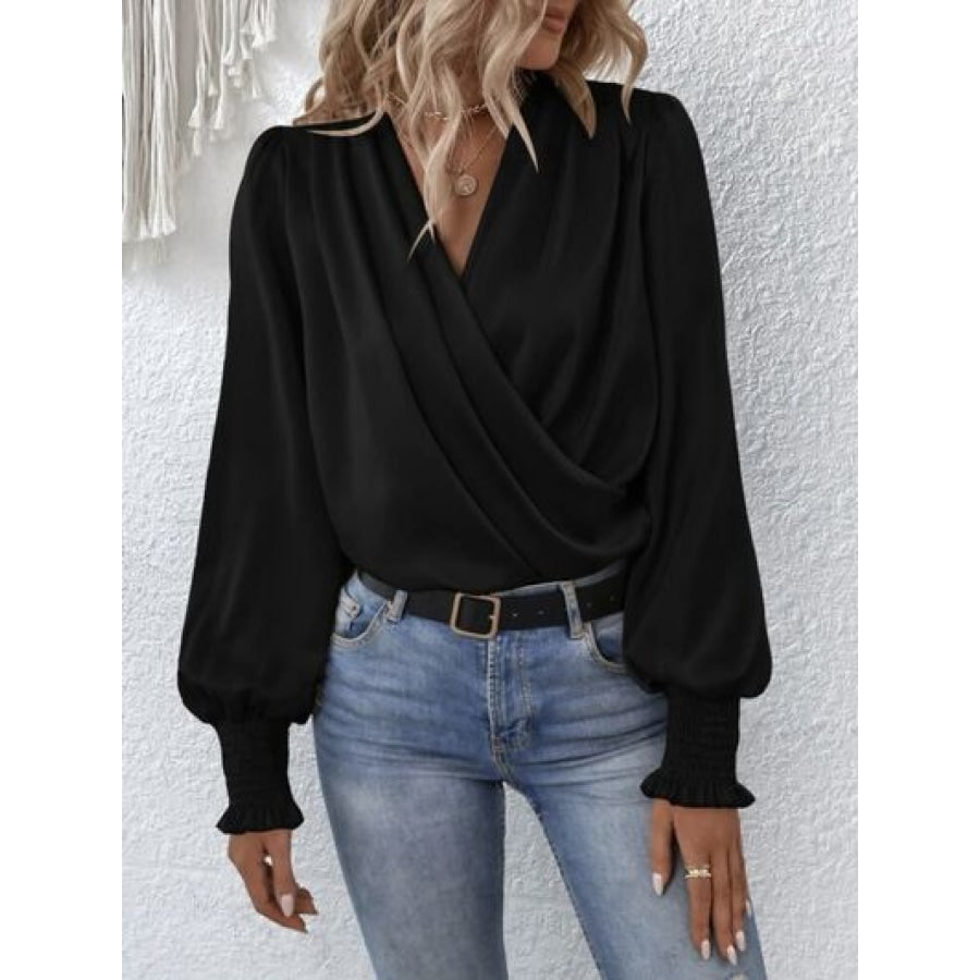 Surplice Smocked Lantern Sleeve Blouse Black / S Clothing