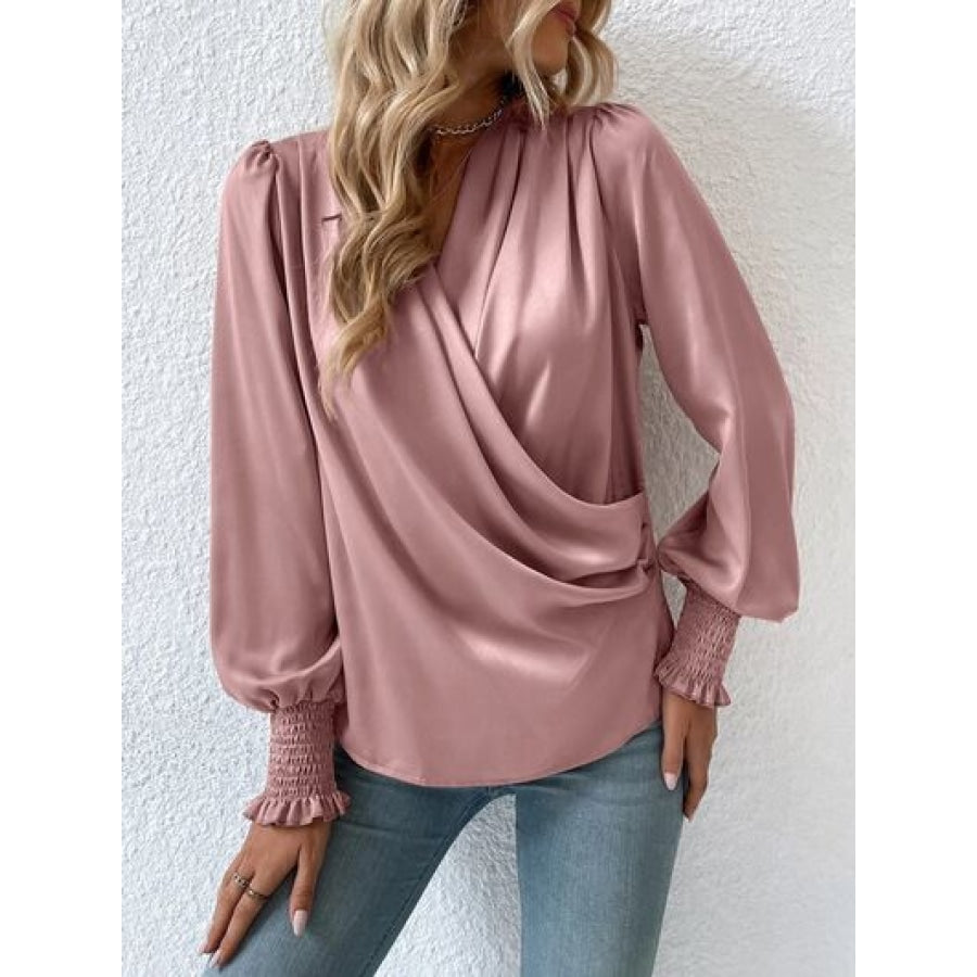 Surplice Smocked Lantern Sleeve Blouse Light Mauve / S Clothing