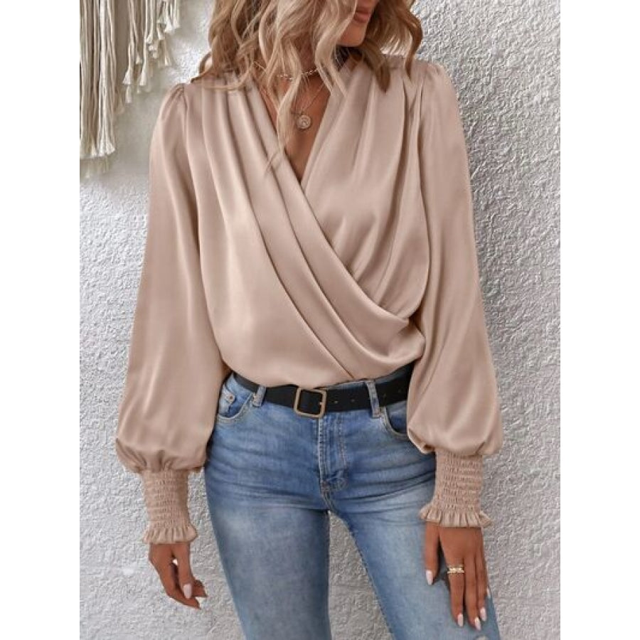 Surplice Smocked Lantern Sleeve Blouse Tan / S Clothing