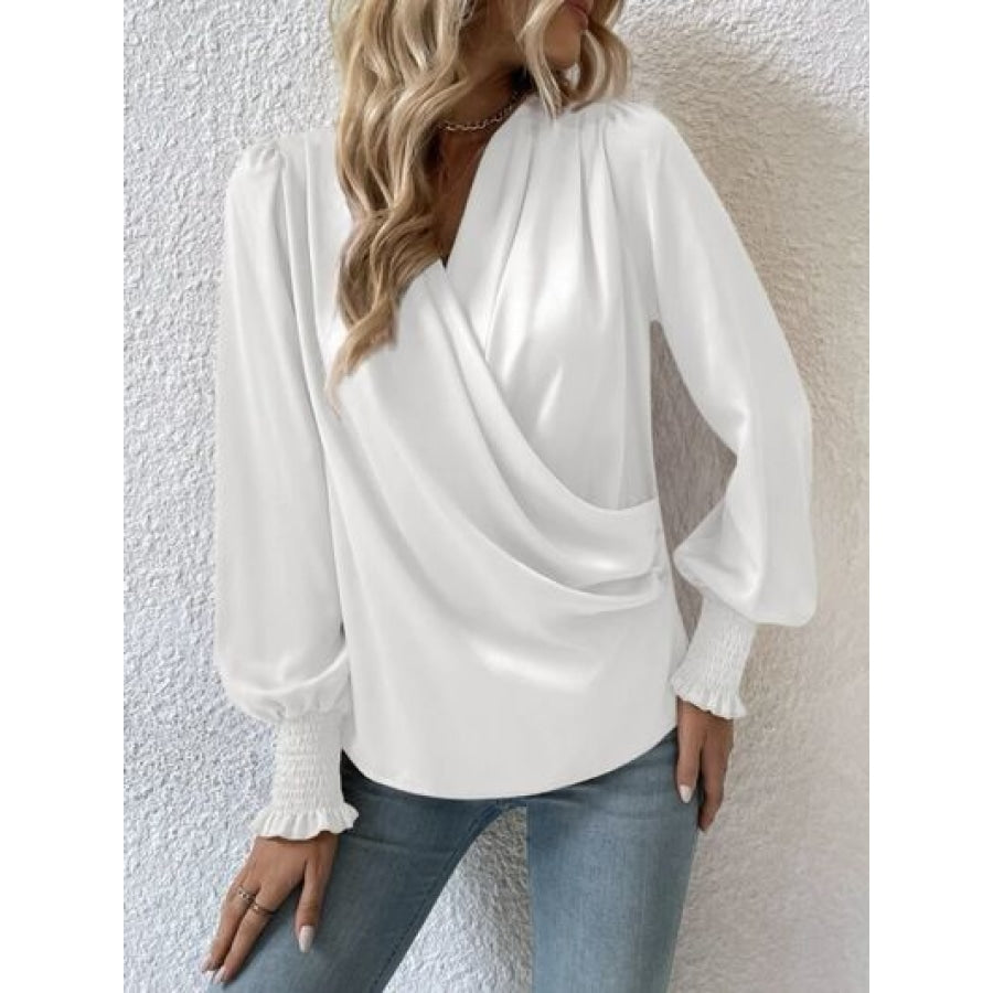 Surplice Smocked Lantern Sleeve Blouse White / S Clothing