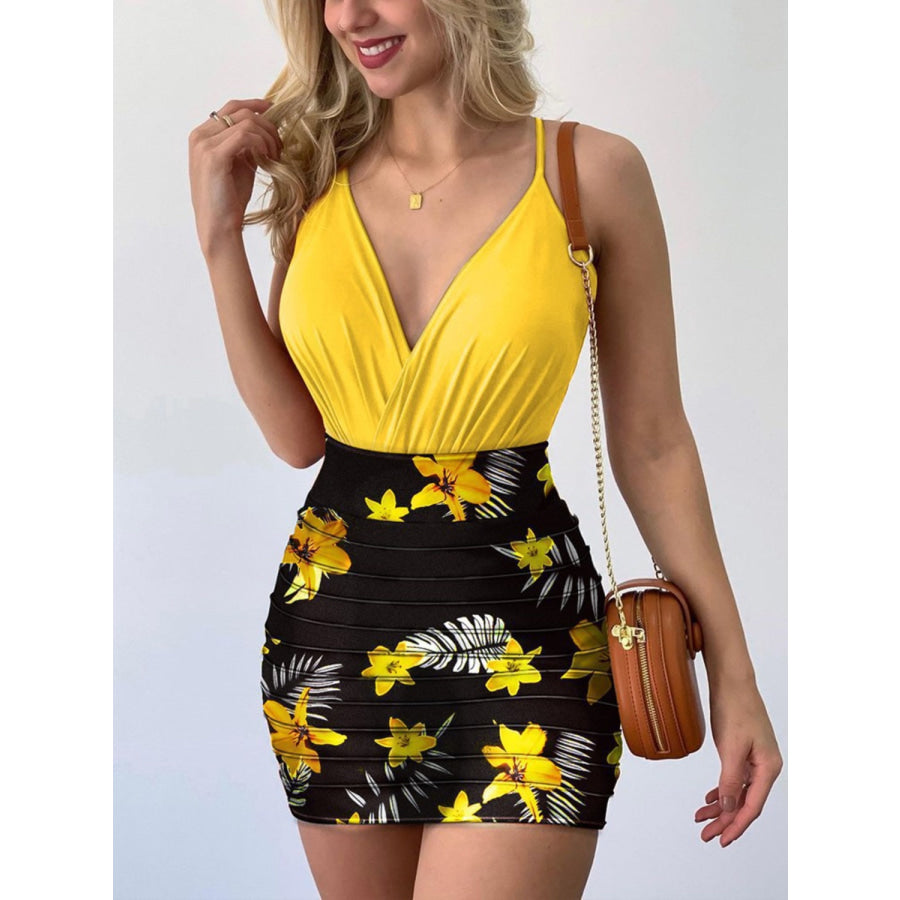 Surplice Spaghetti Strap Top and Printed Mini Skirt Set True Yellow / S Apparel Accessories