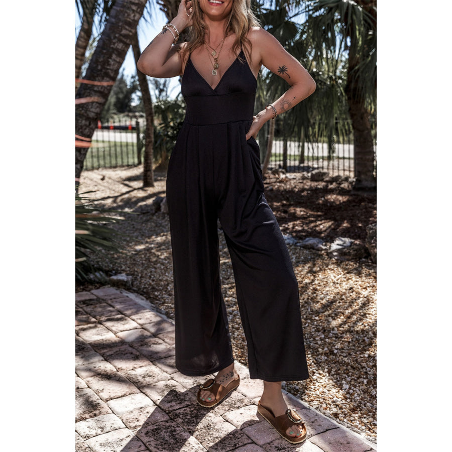 Surplice Spaghetti Strap Wide Leg Jumpsuit Apparel and Accessories