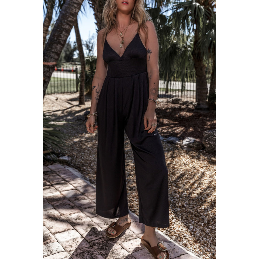 Surplice Spaghetti Strap Wide Leg Jumpsuit Black / S Apparel and Accessories