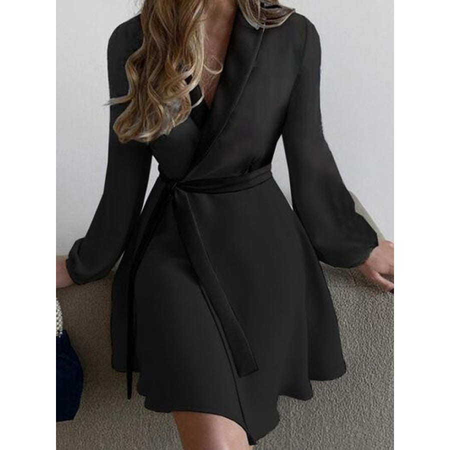 Surplice Tie-Waist Balloon Sleeve Dress Black / S Clothing