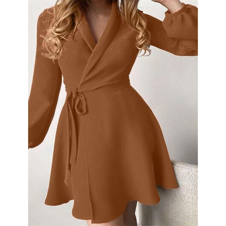 Surplice Tie-Waist Balloon Sleeve Dress Camel / S Clothing