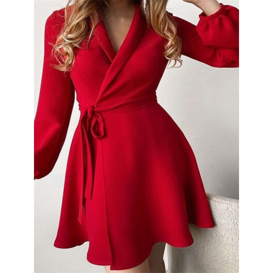 Surplice Tie-Waist Balloon Sleeve Dress Deep Red / S Clothing