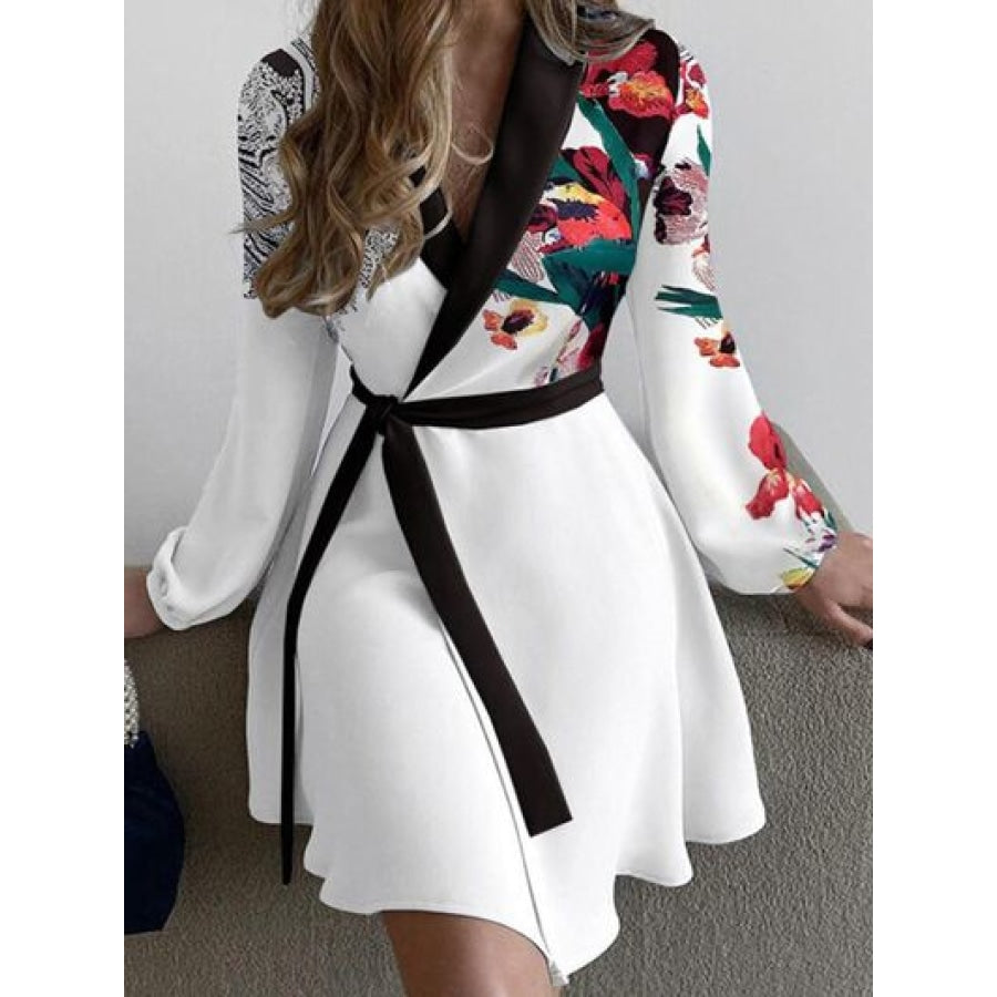 Surplice Tie-Waist Balloon Sleeve Dress White / S Clothing