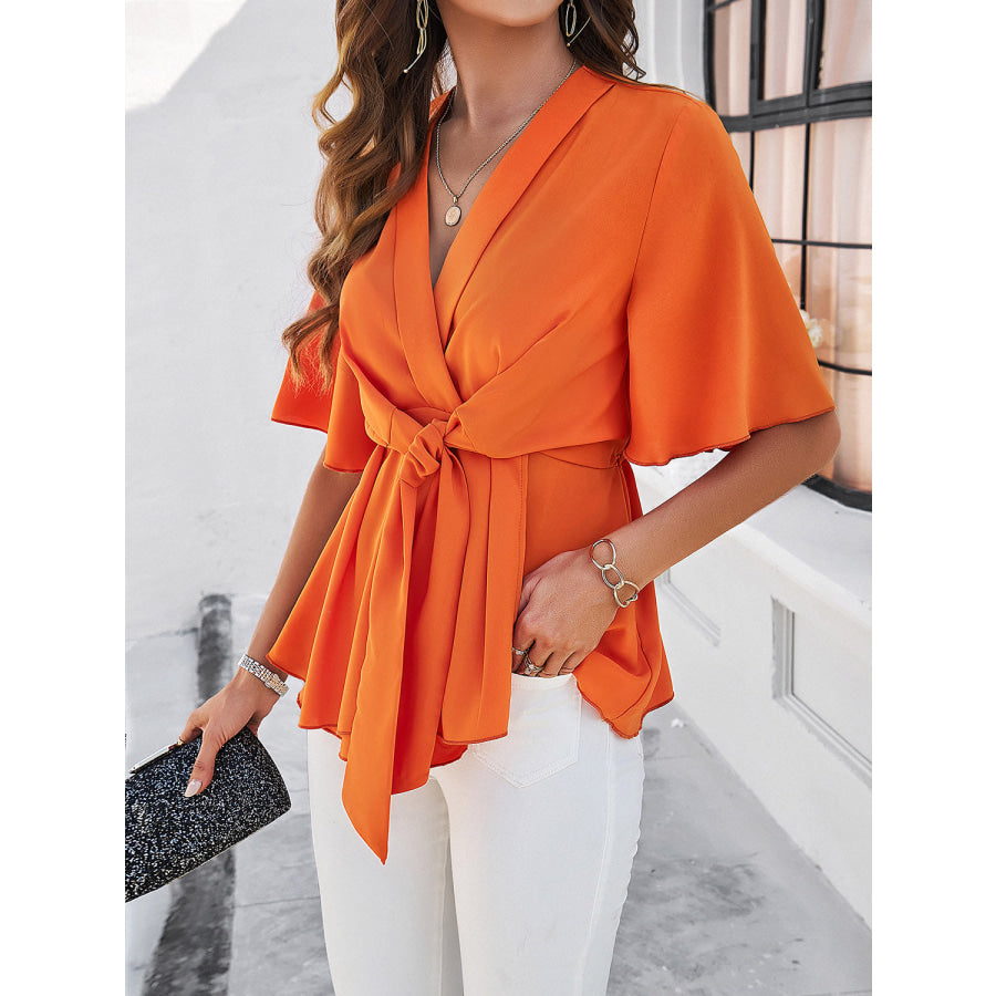 Surplice Tie Waist Half Sleeve Blouse Apparel and Accessories