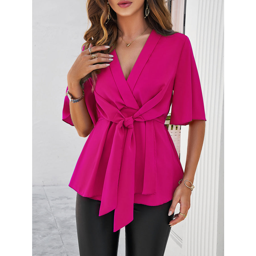 Surplice Tie Waist Half Sleeve Blouse Apparel and Accessories