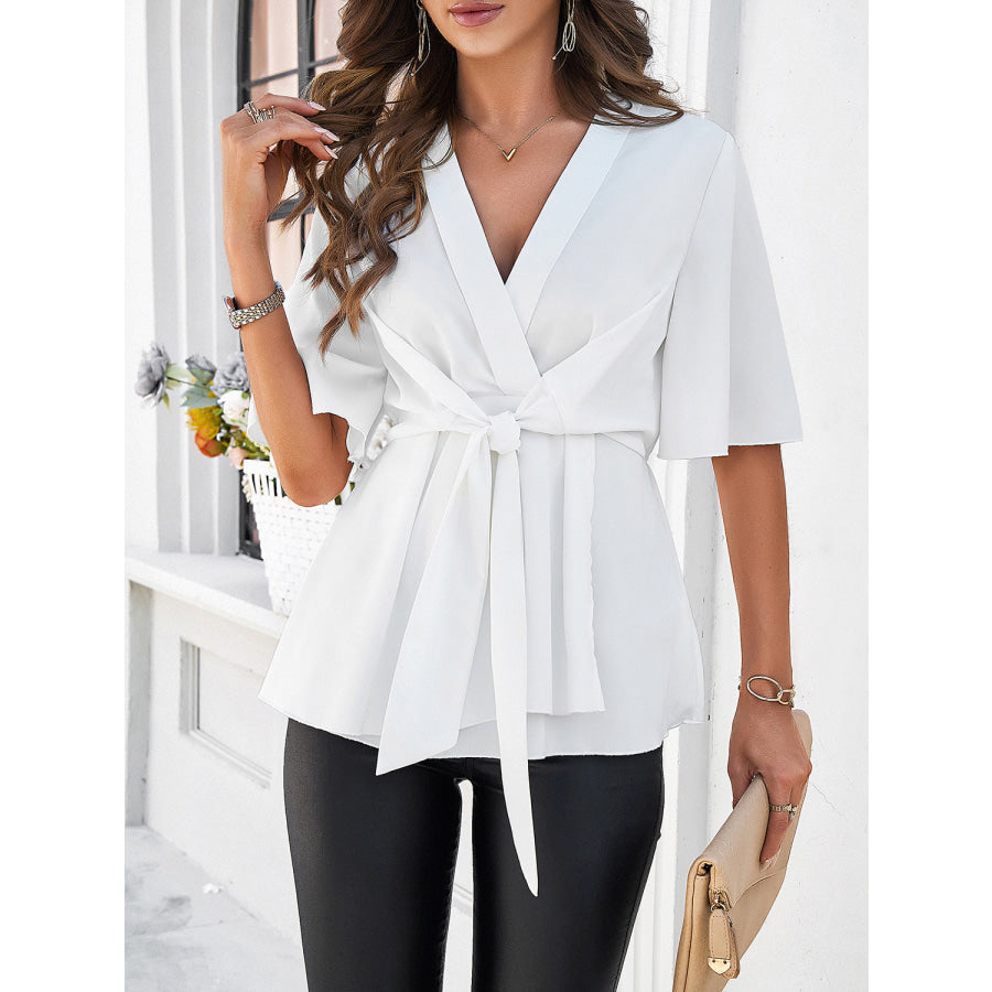 Surplice Tie Waist Half Sleeve Blouse Apparel and Accessories