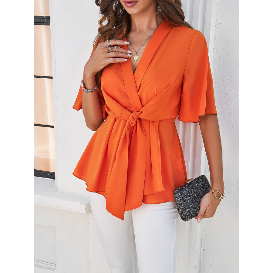 Surplice Tie Waist Half Sleeve Blouse Apparel and Accessories