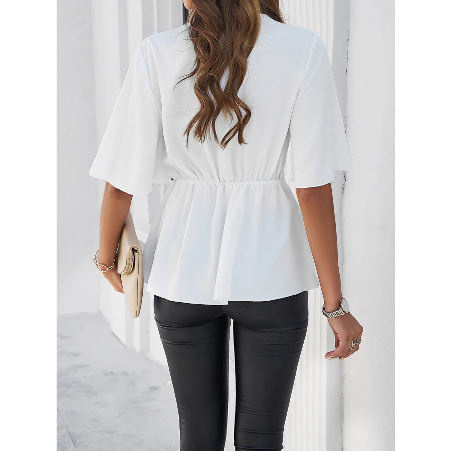 Surplice Tie Waist Half Sleeve Blouse Apparel and Accessories