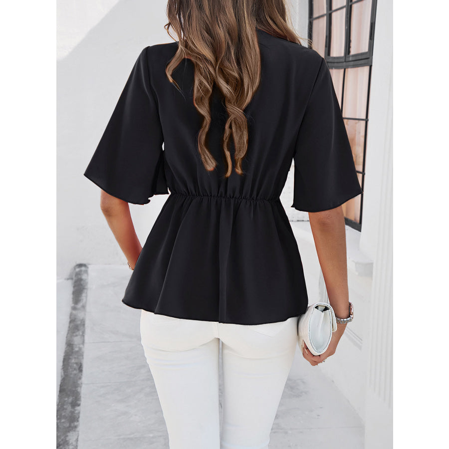 Surplice Tie Waist Half Sleeve Blouse Apparel and Accessories